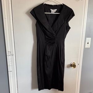 Maggy London Black Satin Faux-Wrap Midi Dress